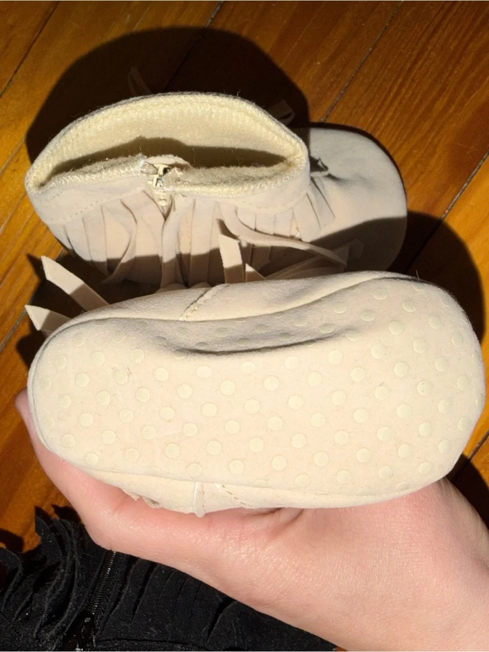 Kids Fringe Moccasin Booties - Black and Cream